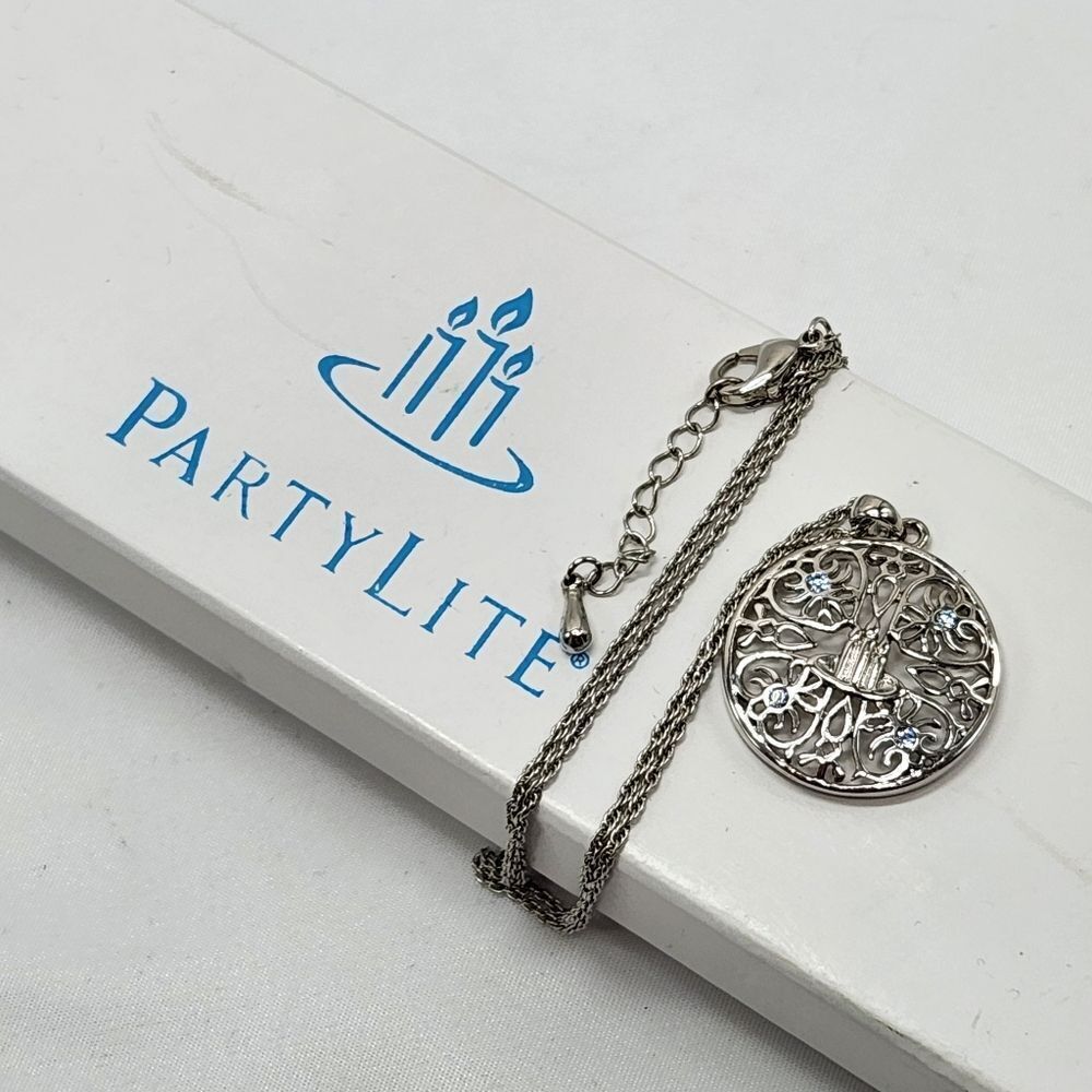 💜Vintage NIB PartyLite Pendant w/Candle Logo & 4 Rhinestone Necklace